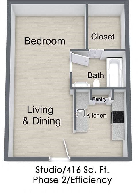 Floor plan for studio, 1 bath, 427 sqft